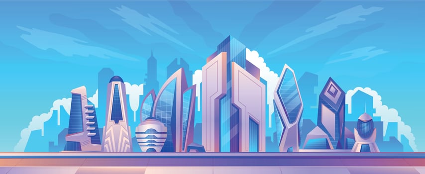 Cartoon futuristic smart city landscape with glass skyscrapers. Modern urban cityscape architecture. Future metropolis building vector scene
