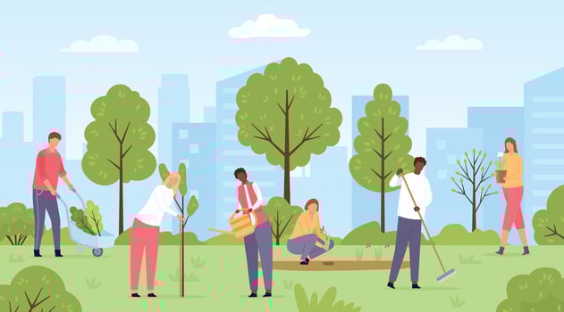 Flat ecology volunteers planting trees and flowers in city park. Public community do spring gardening. People work in garden vector scene