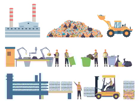 Flat garbage recycle factory building, dump and sorting conveyor. Plastic recycling industry workers. Ecology protection process vector set