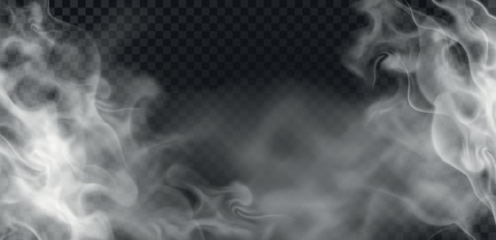 Realistic transparent wavy hot steam or smoke effect. Evaporation, fog or haze. Spooky mist cloud. Food or drink vapour vector background