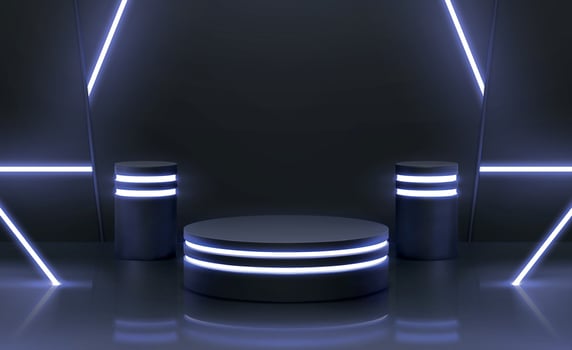 Futuristic cyber stage with 3d neon podiums for product display. Dark platform with glowing lights. Digital stand for gadgets, vector scene