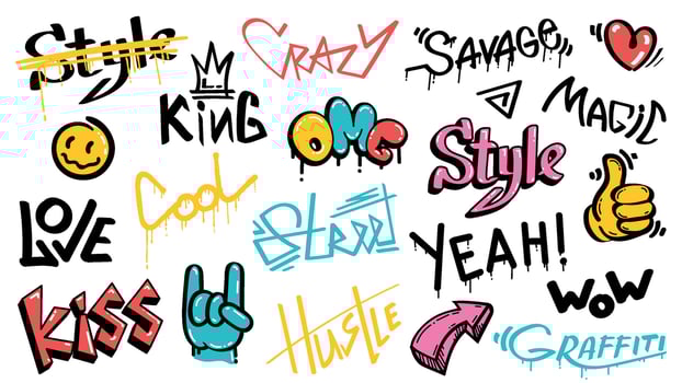 Abstract street graffiti lettering elements with grunge fonts. Urban savage spray paint art. Cool teenage graffiti cartoon design vector set