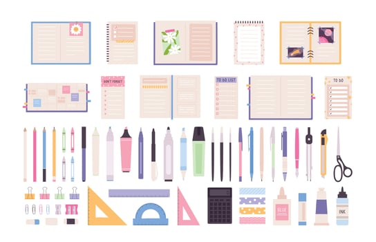 Office or school stationery items, pens, notebooks and planners. Pencil, markers, crayons and ruler. Decorative work desk objects vector set