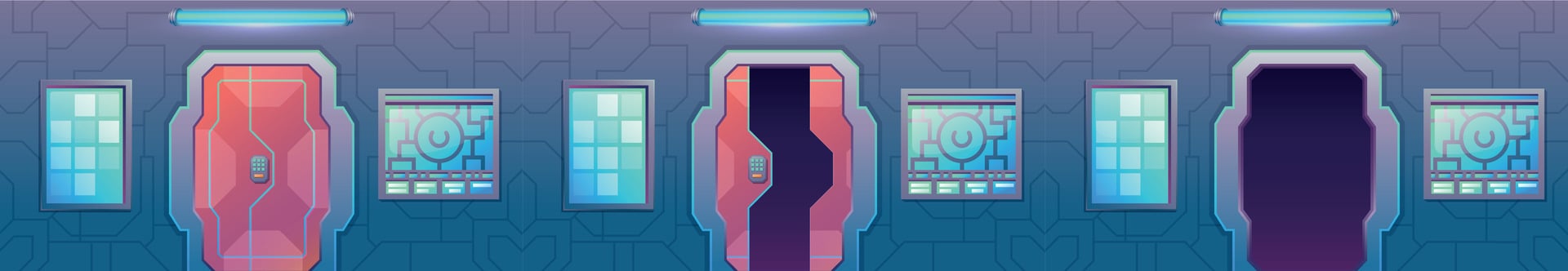 Spaceship sliding gate, futuristic laboratory door open animation. Closed spacecraft, shuttle metal entrance. Sci-fi game vector background