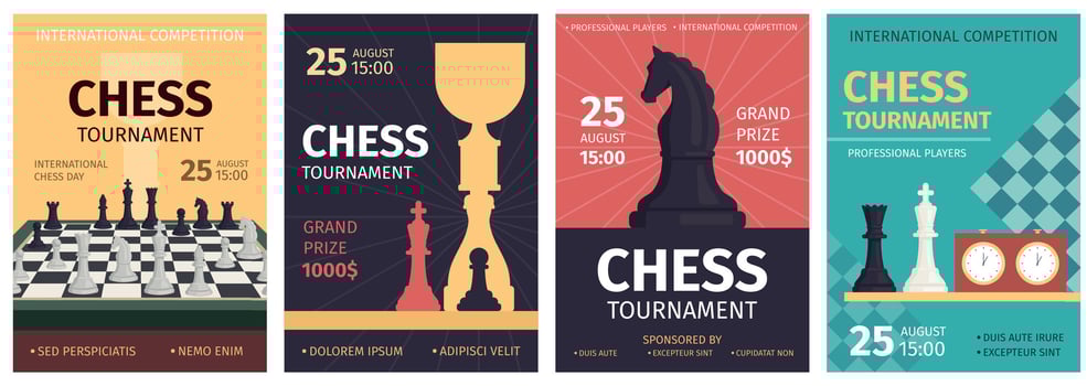 Chess tournament posters with game board and piece silhouettes. Strategy sport competition banners. Chess club match invitation vector set