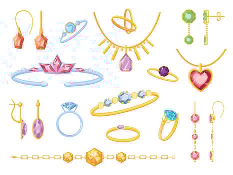 Jewel accessory items, golden earrings, rings, bracelet and pendant. Cartoon jewelry with gem stones and crystals. Accessorize vector set