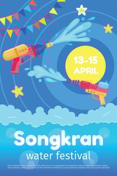 Songkran poster with toy guns and splashes, thailand water festival. Summer thai culture fun party event. Cartoon songkran fest vector flyer
