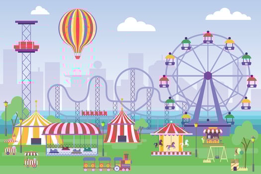 Amusement park landscape with ferris wheel, circus tents and carousels. Flat fun fair with roller coaster and merry-go-round vector concept