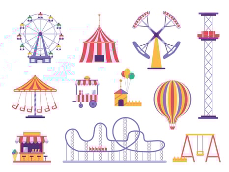 Flat amusement park roller coaster, circus tent and hot air balloon. Festival carnival ferris wheel, food kiosk and attractions vector set