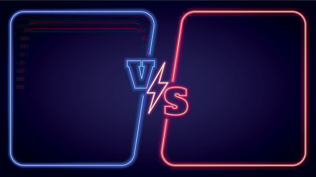 Blue vs red team battle neon background with glowing frames. Fight banner with versus symbol and lightning. Duel competition vector template