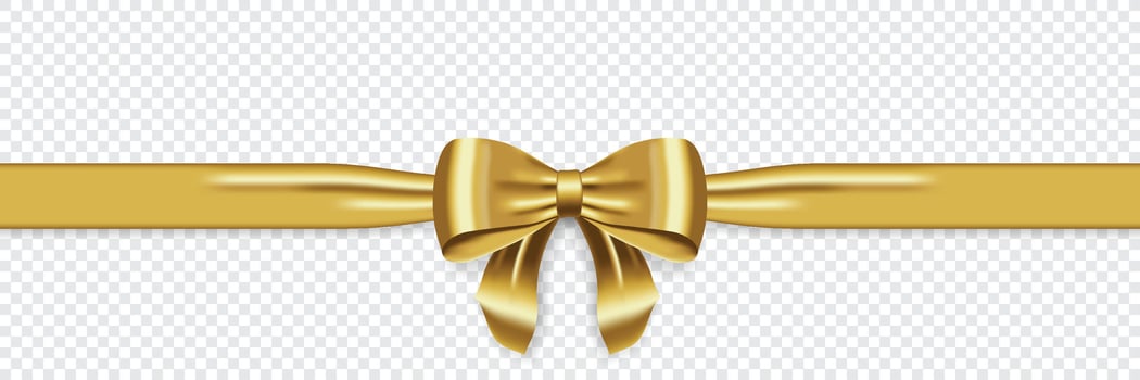 Satin decorative golden bow with horizontal yellow ribbon. Realistic gold bow for decoration design. Element for decoration gifts, greetings, holidays vector