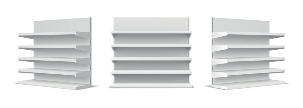 White empty store shelf rack mockup front and perspective view. Realistic supermarket stand, bookcase, shop product exhibition vector set