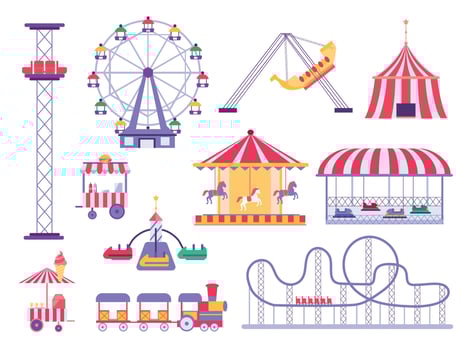 Carnival park attraction ride, train, roller coaster and horse carousel. Amusement fair, tent, cars and swings. Cartoon festival vector set