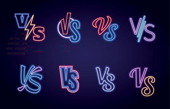 Versus logo glowing neon signs, vs game battle contest. Competition advertising symbol. Blue and red team fight or sport match vector set