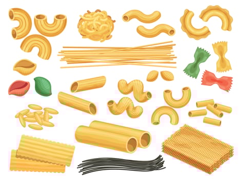 Cartoon wheat pasta products, noodles, fettuccine and black spaghetti. Italian cuisine dough food, conchiglie, spiral, penne type vector set