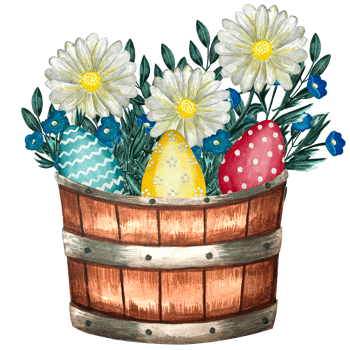 Watercolor easter wooden bucket with bow decorated eggs illustration. png