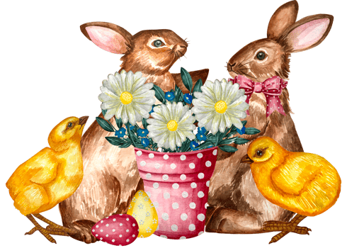 Watercolor Illustration Easter Rabbit and Easter Egg. Watercolor easter pot with bunnies, chicken and decorated eggs. png