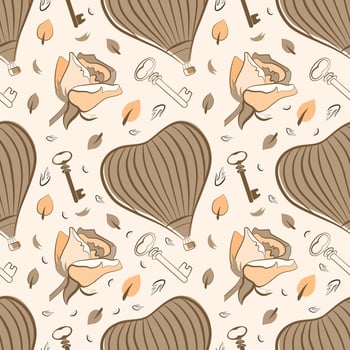 Vintage seamless pattern in romantic style. Soft, delicate colors. Hot air balloon, watch, keys, rose petals, envelope, letter. It can be used as textile design, wrapping paper. vector