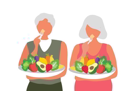 Healthy food for elderly couple concept, old man and woman eating healthy food, elderly care and healthy aging vector illustration