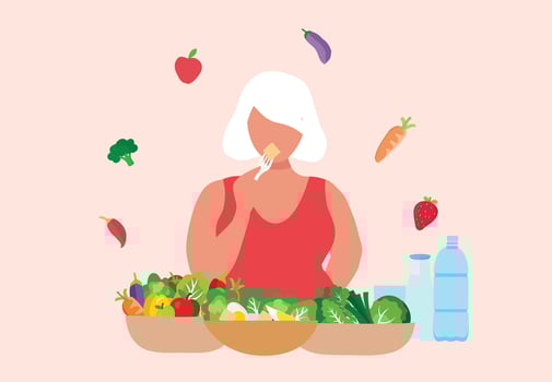 Healthy food for elderly couple concept, old man and woman eating healthy food, elderly care and healthy aging vector illustration