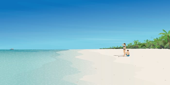 Couple of lover at the beach and tropical blue sea vector illustration. Journey of sweetheart concept flat design.