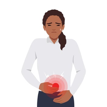 Diarrhea or constipation, problems with health concept. Young sad Woman standing feeling pain in stomach touching it with hands having Abdomen disease and illness vector
