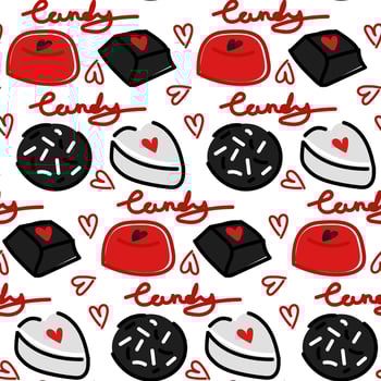 Pattern from Chocolate of food. An appetizing ornament with the image of chocolates on a white background. Vector flat doodle illustration. Black, red texture with an inscription for Valentine's Day