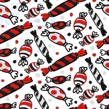 A candy pattern in a package for lovers. Cute love symbol elements with seamless pattern on white Valentine's day background. Black red color doodle images of various candies in wrappers vector