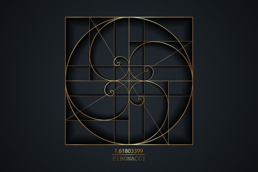 Fibonacci Sequence Spirals. Golden ratio. Gold Geometric shapes spiral in golden proportion, minimalist line art luxury design. Vector circular Logo icon isolated on black background