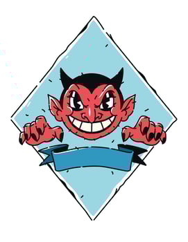 Illustration of a cute red demon. Vector. Devil, Lucifer is a cartoon not a children's character. Hero mascot for comics. Picture for T-shirt design. Place for text on the ribbon. vector