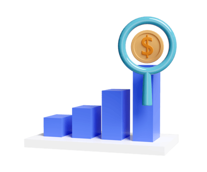 3D charts graph with magnifying glass, coin, analysis business financial data, online marketing isolated. business strategy minimal concept, 3d render illustration png