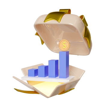 3D charts graph with gift box, coin, analysis business financial data, online marketing isolated. business strategy minimal concept, 3d render illustration png