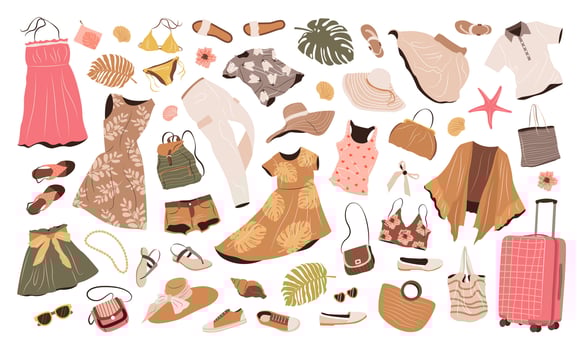 Clothing set in casual style for women. Fashion garments, accessories, swimwear, shoes, hats and bags for spring, summer and vacation. isolated flat vector illustrations on white background,