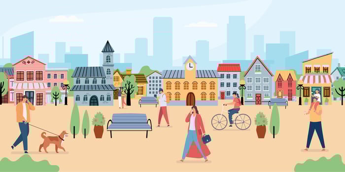 People on square of cute old town. Historic buildings in city center. People strolling around. Man walking with dog pet vector