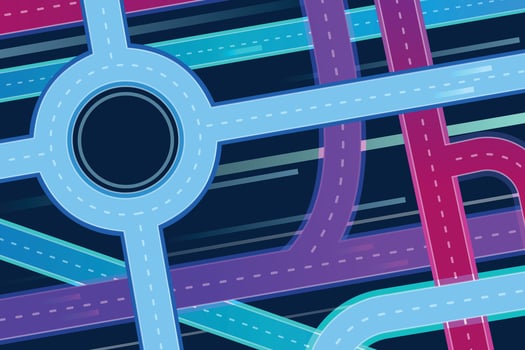 Road interchange top view, night highway from above concept. Futuristic freeway construction, big city traffic infrastructure vector scene