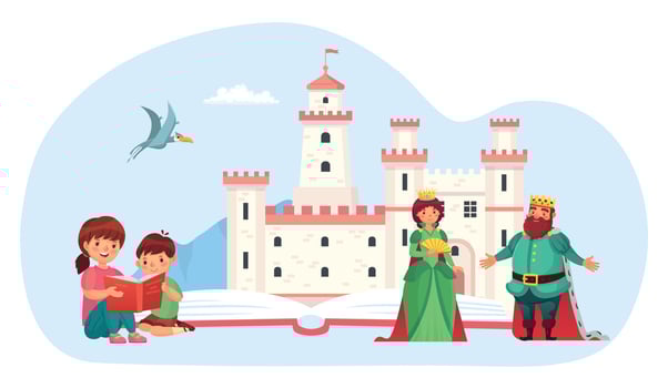 Little kid read book. Children reading fairy tale with medieval kingdom and queen and king. People imagining castle vector