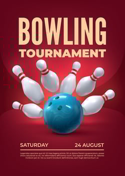 Bowling tournament. Realistic 3D sport tournament elements with skittles and bowling ball. Vector poster template