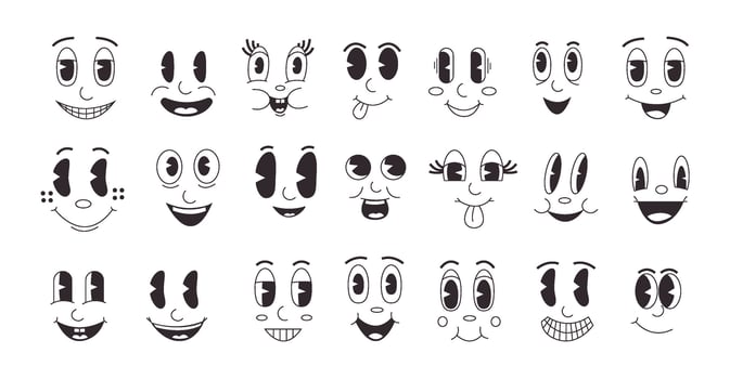 Cartoon emotions. Retro comic faces collection with smile emotion, vintage face of mascot character. Vector clip art collection