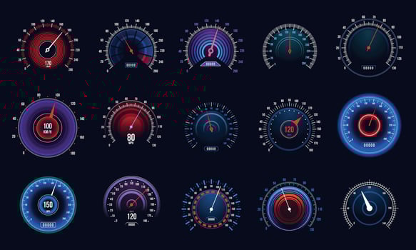 Car speedometer. Odometer and RPM motorbike gauge, automobile speed counter and tachometer. Vector auto display set
