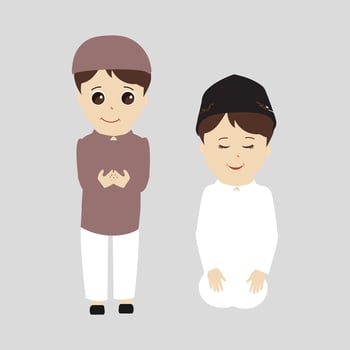 Happy muslim boy cartoon character vector. Muslim boy praying, Little muslim kid different pose and feel peace. vector