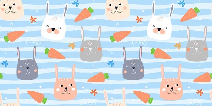 Seamless pattern with cute rabbit faces. Eared bunnies with different emotions on a background of flowers. Vector graphics.