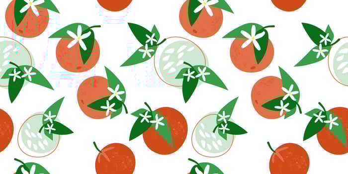 Seamless pattern with abstract fruits oranges. Food print with citruses, flowers and leaves. Vector graphics.
