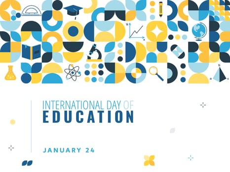 Vector International Day of Education poster with geometric elements and learning symbols. Geometric Template for Banner, Flyer, Greeting, Card, Cover