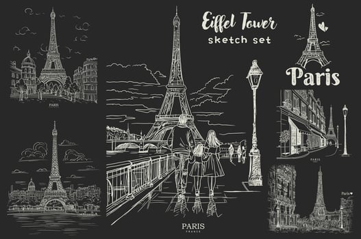 Eiffel Tower, Paris, Paris, France. Hand drawn vector sketches.