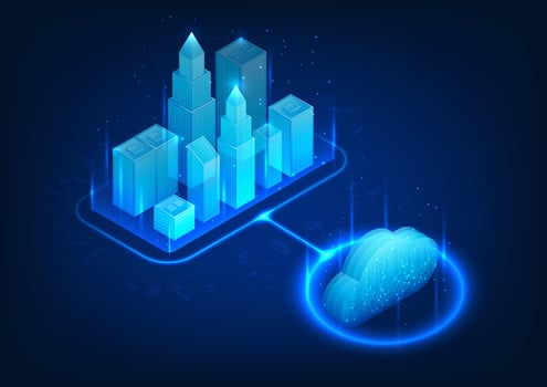Cloud technology connected to Smart City A city where technology is used to provide management services and connect to cloud systems to improve the living resources of people in the city. Isometric vector
