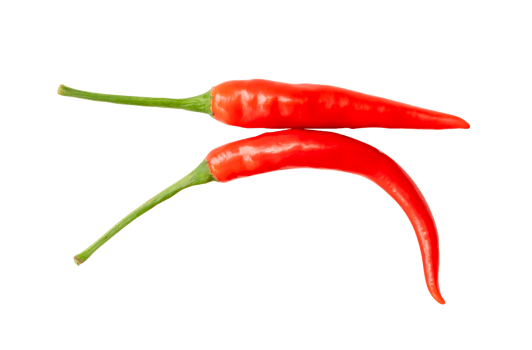 Top view of fresh red chili peppers isolated with clipping path in png file format