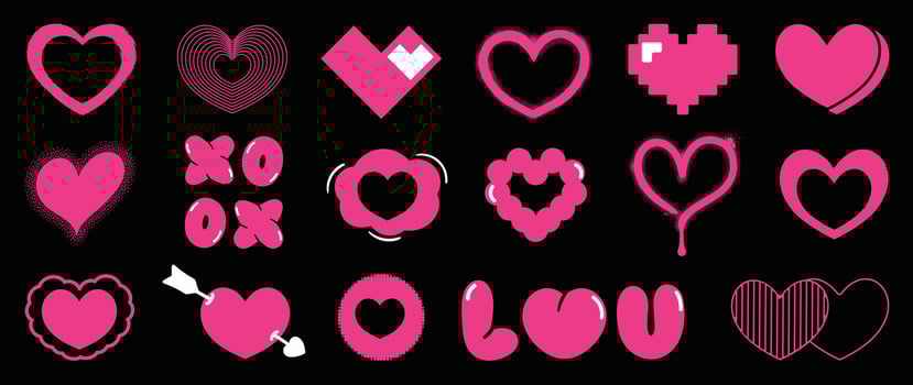 Set of y2k valentine element vector. Hand drawn collection of heart, pixel art, crown in colorful, doodle spray paint, fonts. Romance design illustration for print, cartoon, card, decoration, sticker. vector