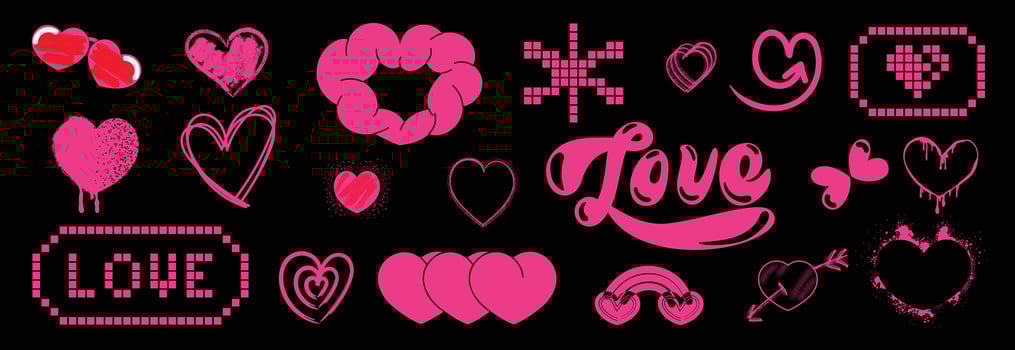 Set of y2k valentine element vector. Hand drawn collection of heart, pixel art, crown in colorful, doodle spray paint, fonts. Romance design illustration for print, cartoon, card, decoration, sticker. vector