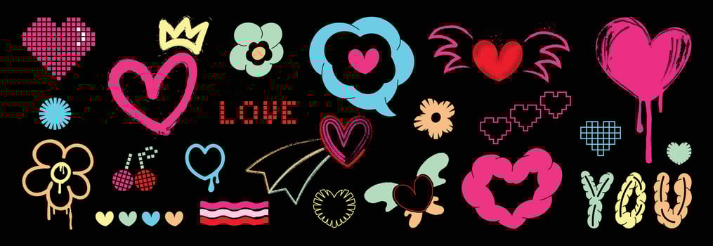 Set of y2k valentine element vector. Hand drawn collection of heart, pixel art, crown in colorful, doodle spray paint, fonts. Romance design illustration for print, cartoon, card, decoration, sticker. vector