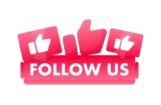 Bright red vector banner with FOLLOW US text and thumbs up icons, ideal for social media engagement and online community growth